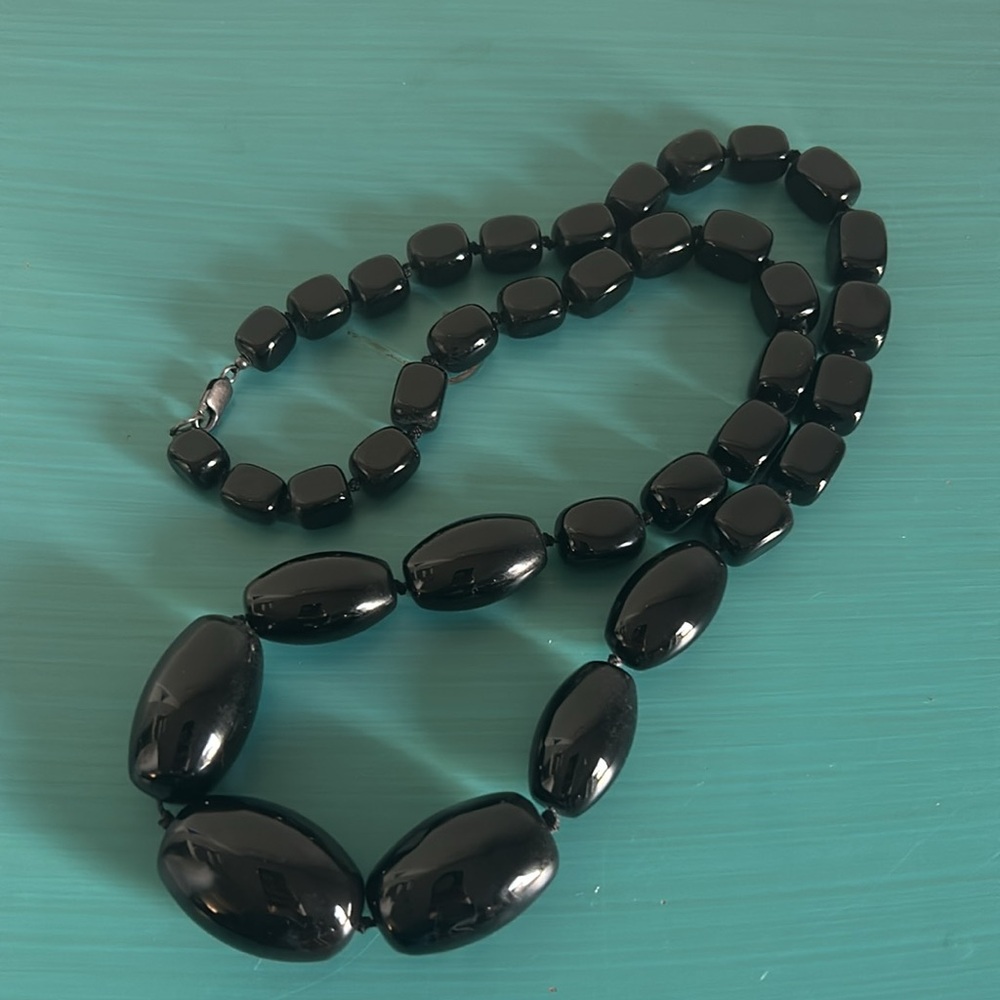 Vintage Statement Chunky Black Agate Stone Beads Graduated Boho 30” Necklace